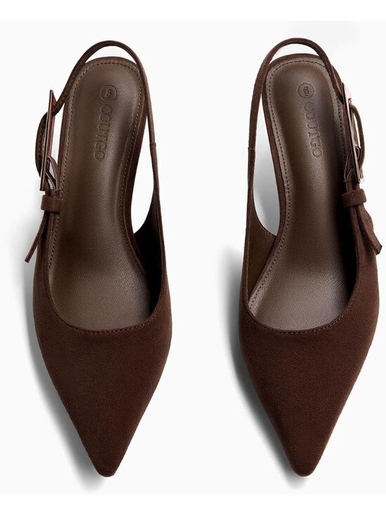 Women\'s Brown Suede Slingback Kitten Heels Closed Pointed Toe Pumps Buckle Strap
